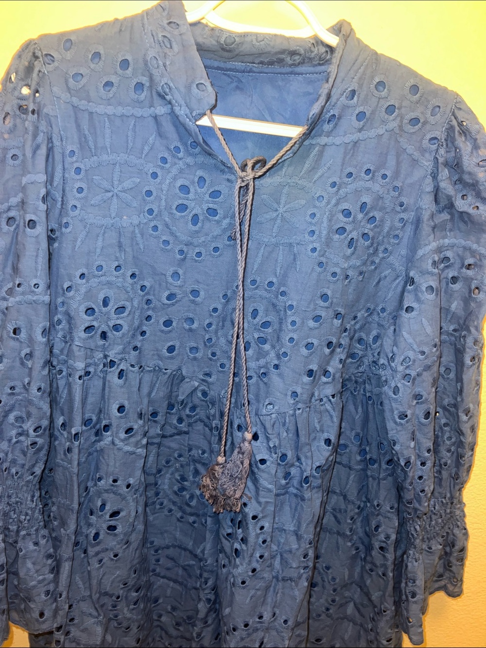 Eyelet Lace Midi Dress Sz L V Neck Puff 3/4 Sleeve boho summer lined - Picture 4 of 5
